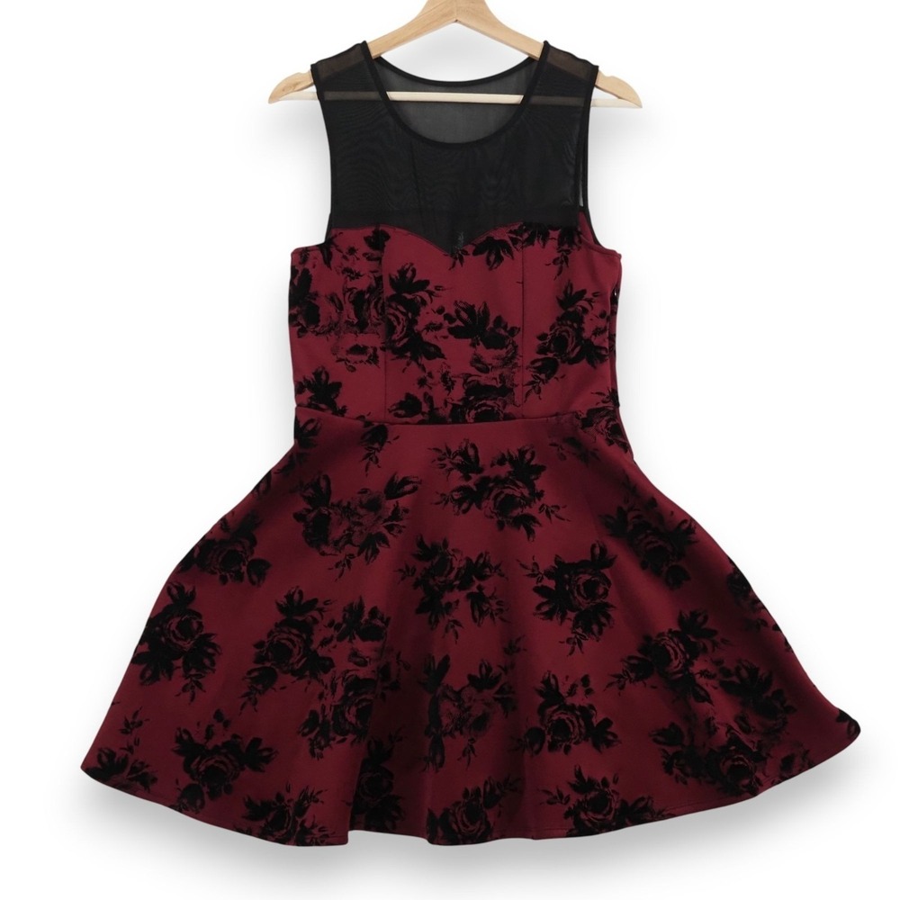 Trixxi Dress XL Burgundy Black Floral Mesh Sheer Skater‎ Gothic Romantic *FLAW*